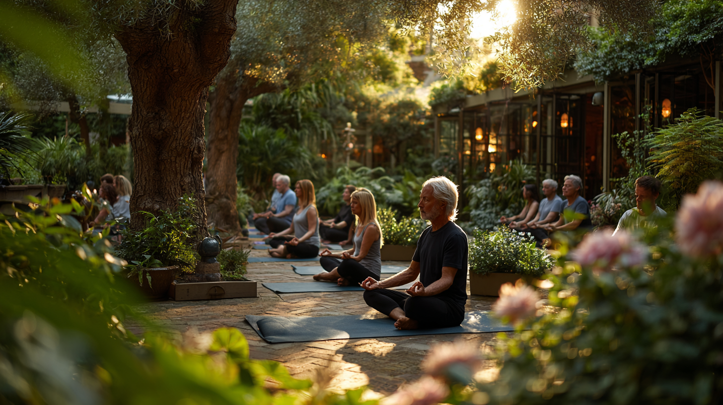 Група възрастни хора правят йога в спокойна обстановка